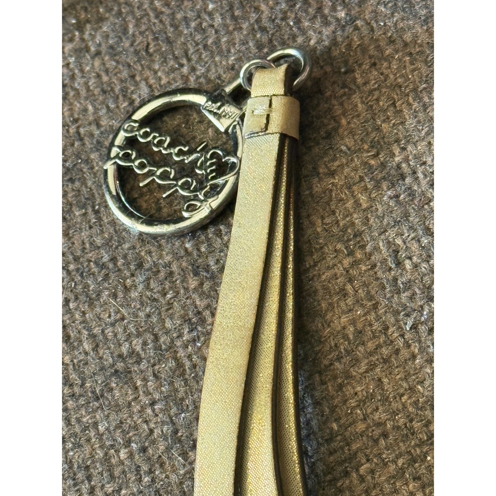Coach Poppy Metallic Gold Leather Tassel Keychain Silver Heart Logo Bag Charm - Picture 2 of 5
